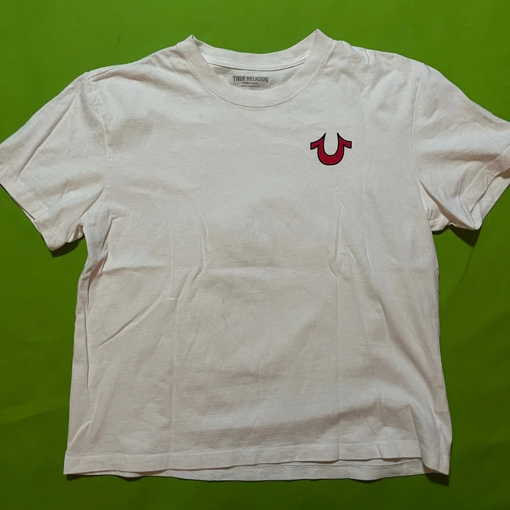 True Religion Mens World Tour Graphic T-Shirt White Red Horseshoe Logo Large